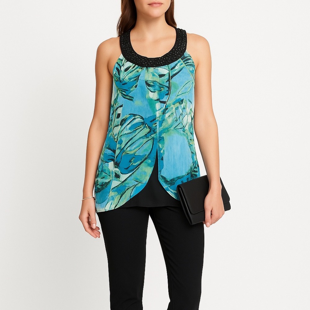 Studio Y Women's Sheer Overlay Beaded Neck Halter Top Blue Green Size‎ S